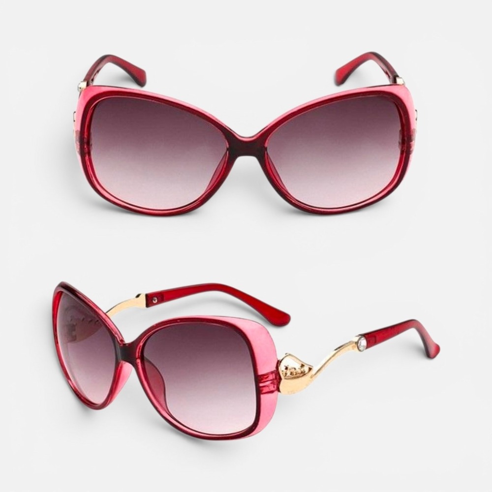 Sunglasses Womens OS Red New Oversized Butterfly Gradient Lens Gold Heart Temple